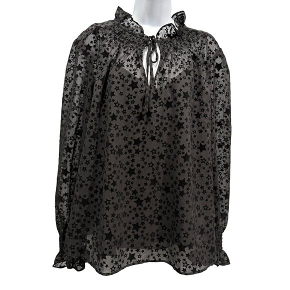 Loft Flocked Star Ruffle Blouse Whimsigoth Witchy Fairy Grunge Black Womens XL - Picture 1 of 11